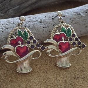 Vintage Colorful Fruit Basket Dangle Pierced Earrings